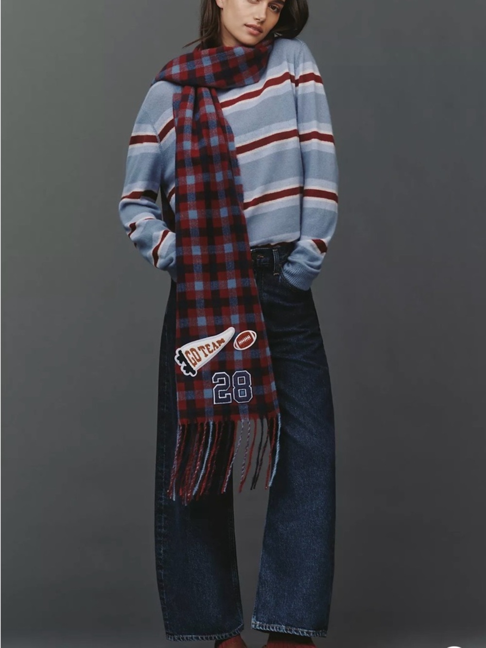Anthropologie Burgundy & Navy Plaid Fringe Scarf with Patches